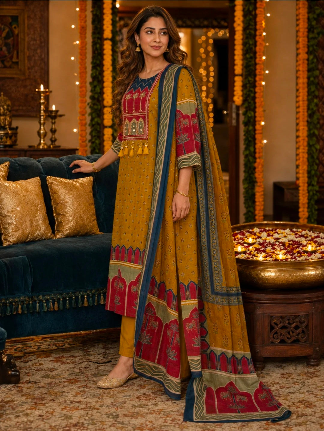 Berrylicious Women Cotton Printed & Bead Embroidered Kurta With Pant & Dupatta