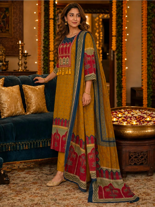 Berrylicious Women Cotton Printed & Bead Embroidered Kurta With Pant & Dupatta