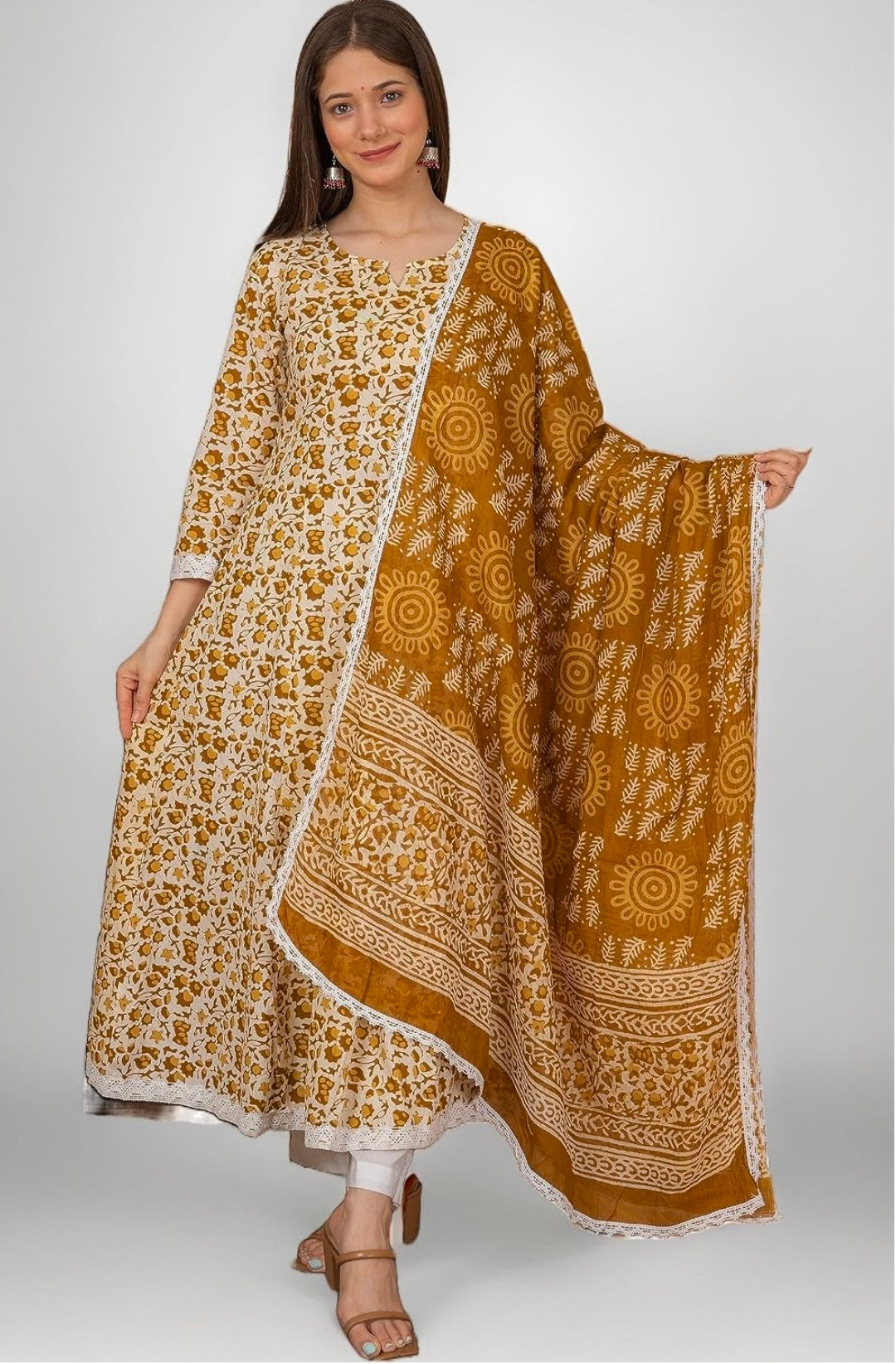 Pure Cotton Printed Anarkali Kurta with Palazzo & Dupatta Set