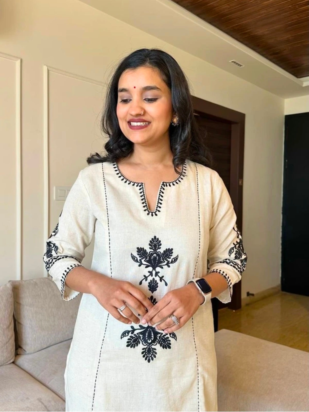 Women's White Khadi Cotton A-Line Kurti Palazzo set