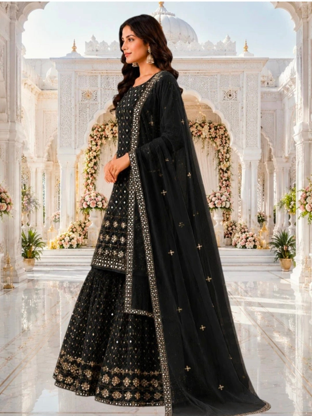 Women's Georgette A-line Kurta Sharara & Dupatta Set | Embroidered Sequenced Mirror Work