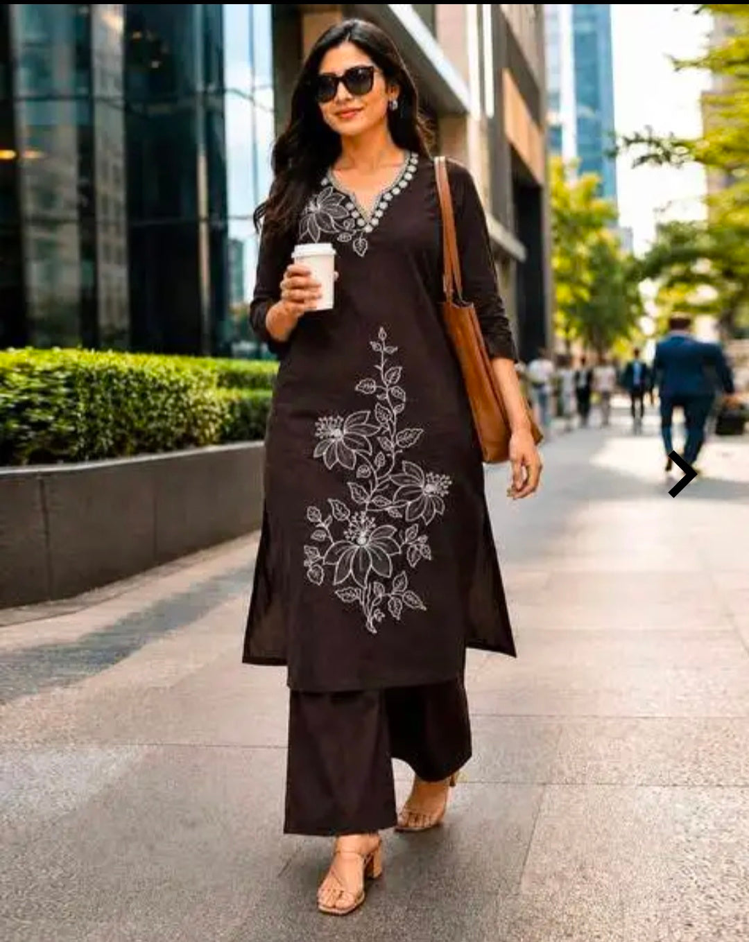 `Women's Cotton Straight Kurta Palazzo Set | Notch-Neckline Statement Embroidered