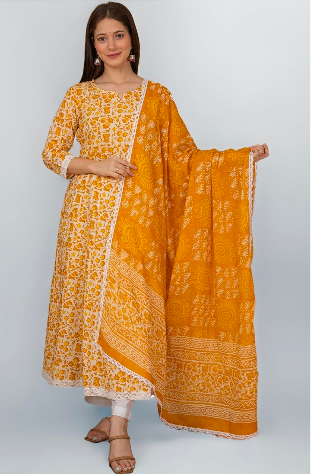 Pure Cotton Printed Anarkali Kurta with Palazzo & Dupatta Set