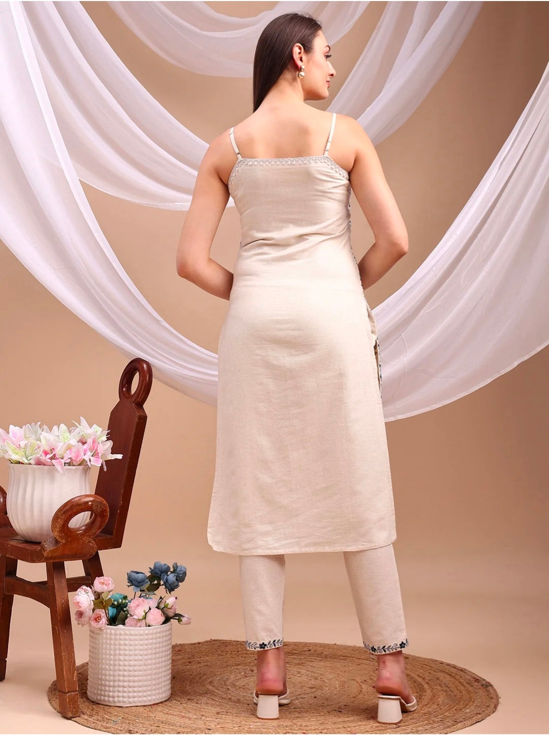 Berrylicious Women Cotton Embroidered Straight Kurta Set with Spaghetti Strap & Straight Pants