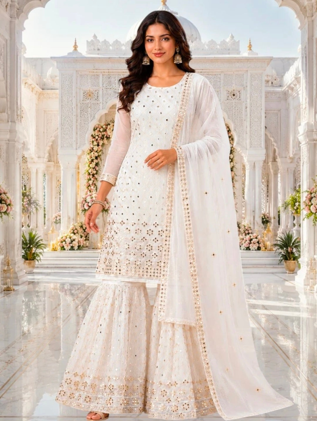 Women's Georgette A-line Kurta Sharara & Dupatta Set | Embroidered Sequenced Mirror Work