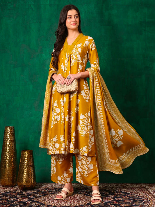 Embroidered & Printed Flared kurta with pant & Dupatta
