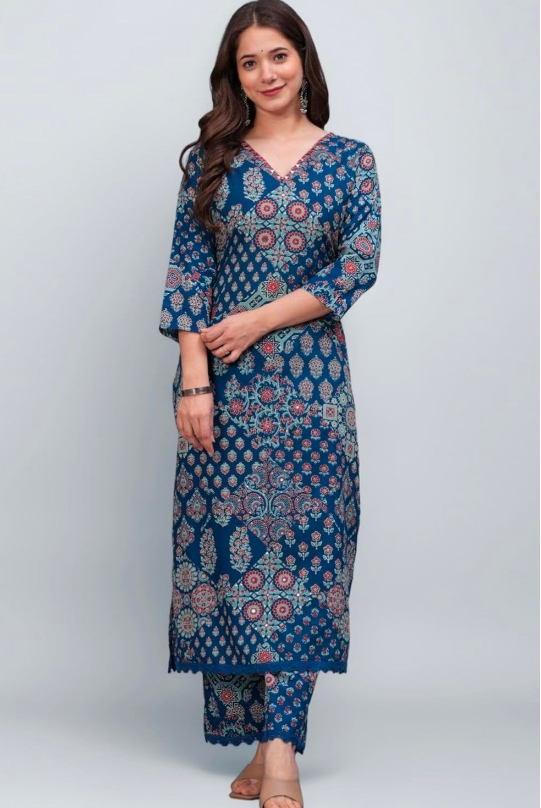 Women's Pure Cotton Printed Straight Kurta Set with Palazzo Pants