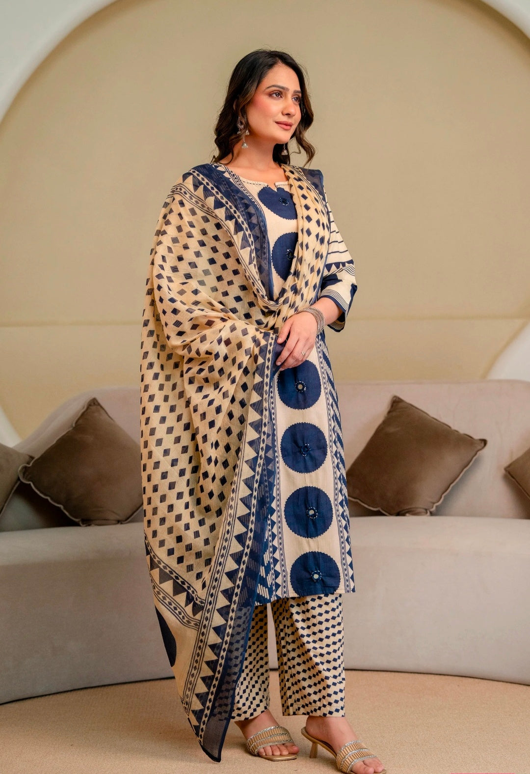 Berrylicious Women Cotton Geometric Printed Straight Kurta Set with Mirror Embroidery & Dupatta