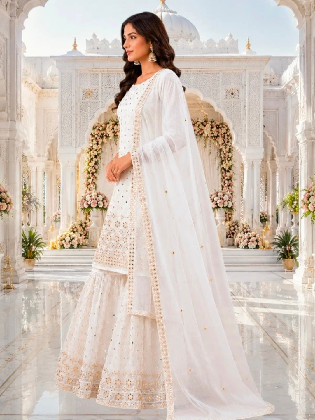 Women's Georgette A-line Kurta Sharara & Dupatta Set | Embroidered Sequenced Mirror Work
