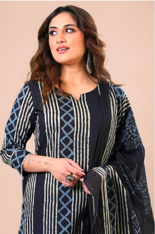 Arayna Women's Pure Cotton Hand Block Printed Style Ethnic Kurta Set with Dupatta | Black & Indigo