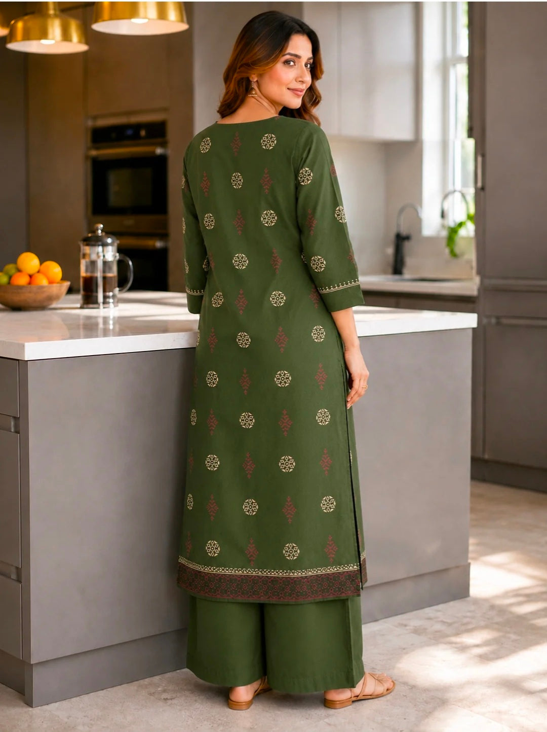 Berrylicious Women Cotton Ethnic Motif Printed Mirror Embroidered Straight Kurta with Palazzo Pants