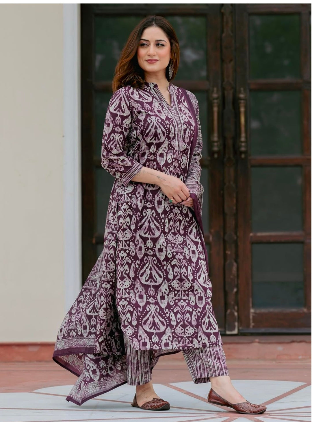 Arayna Women’s 100% Pure Cotton Ikat Printed Ethnic Straight Kurta Pant and Dupatta Set for Women