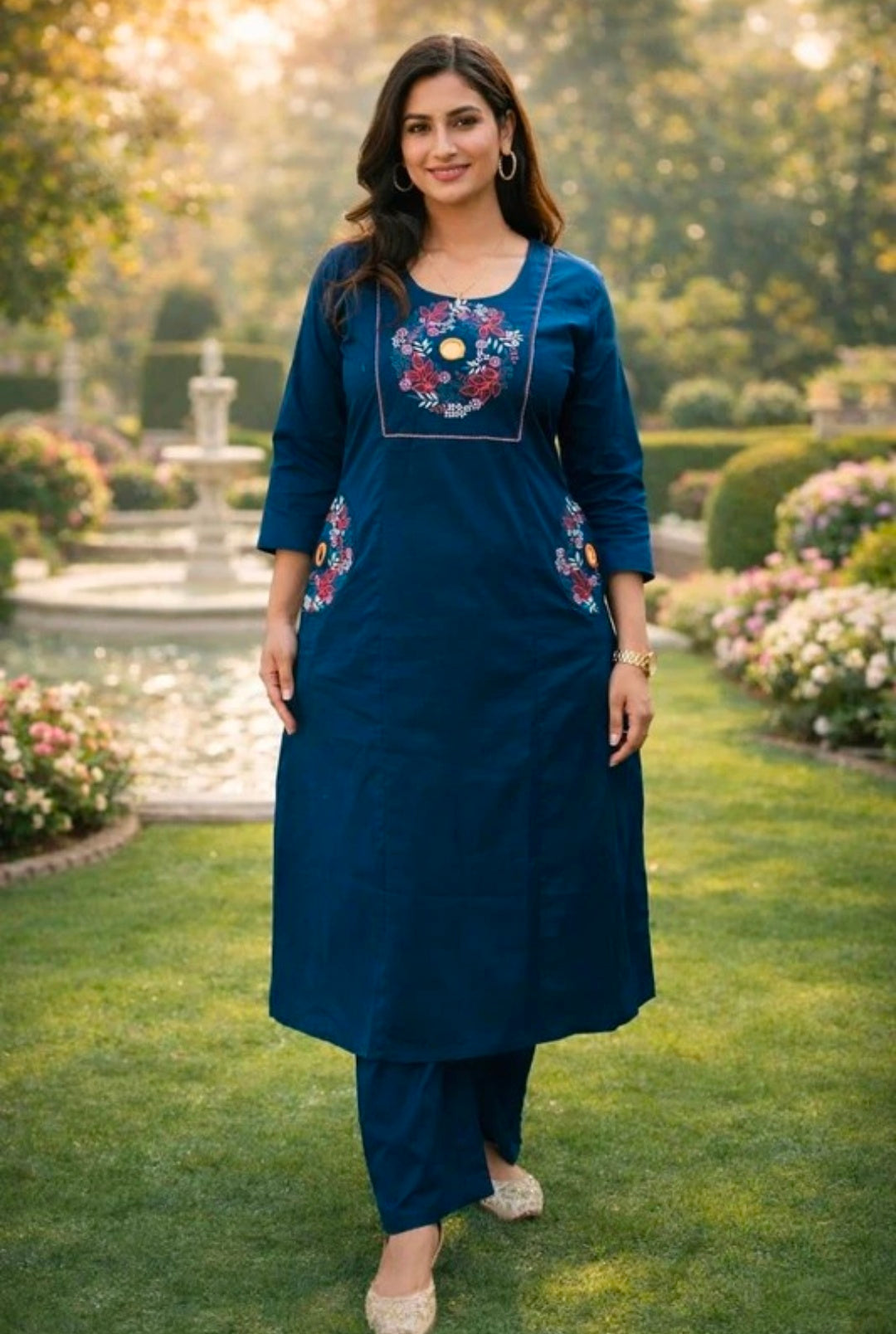 Jaipuri Collection Women's Blue Pure Cotton Embroidered Straight Kurta with Palazzo Set