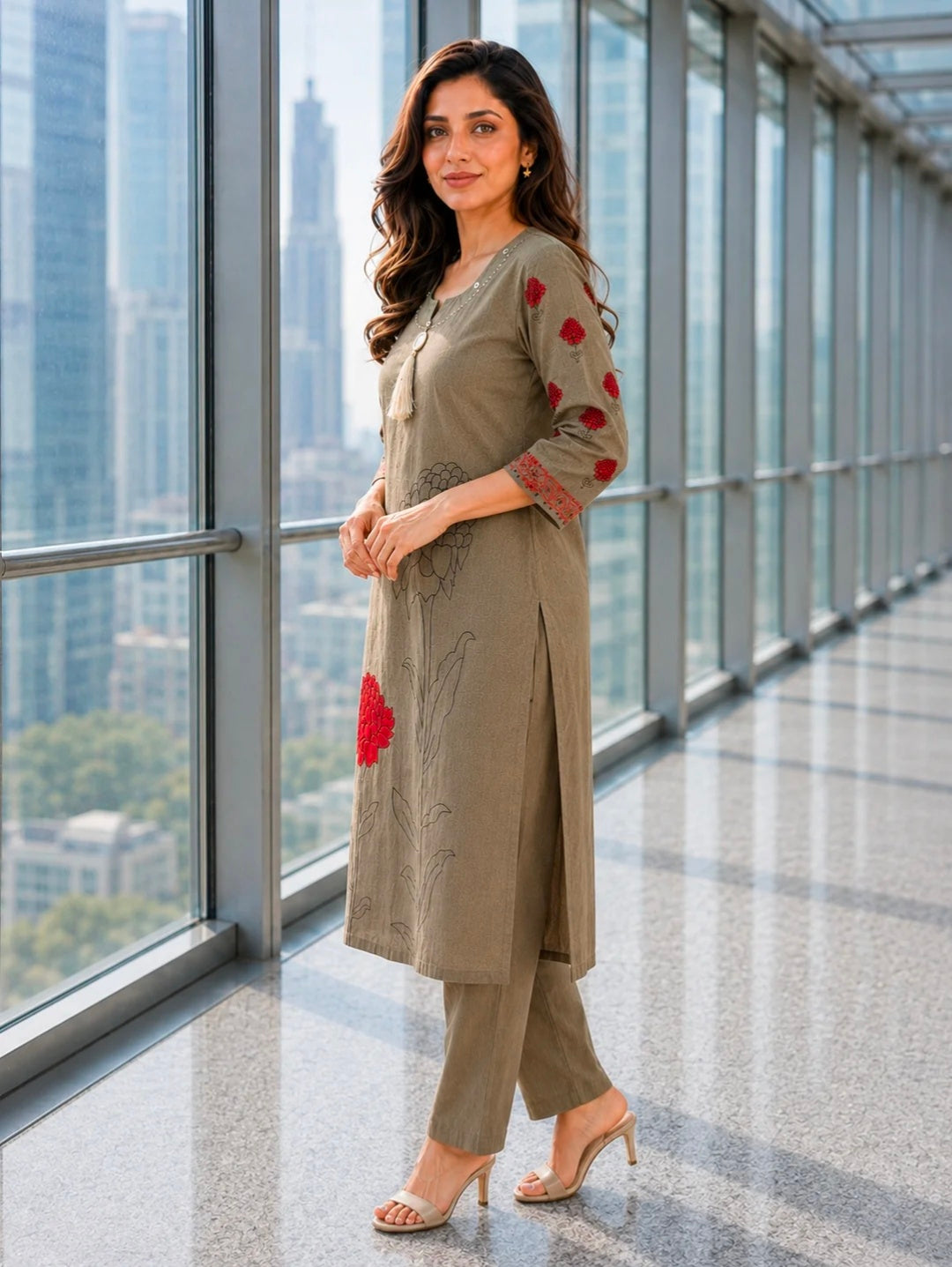 Berrylicious Women Chanderi Printed & Mirror Embellished Kurta with palazzo