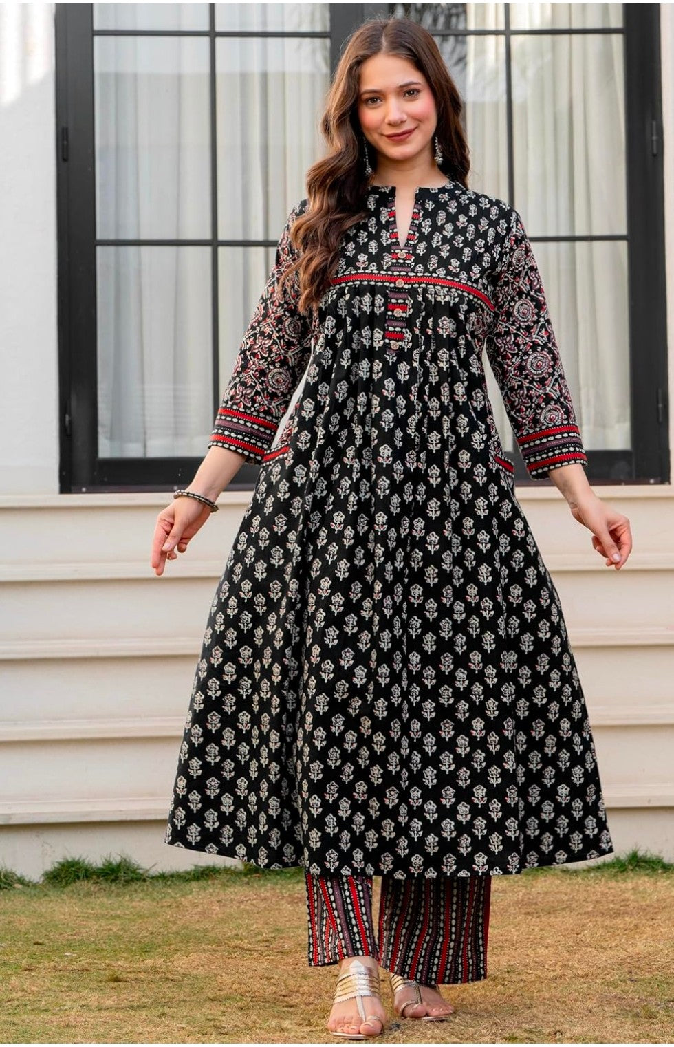 Amayra Women's Pure Cotton Printed A-Line Kurta Set with Palazzo Pants & Dupatta- Ethnic Wear