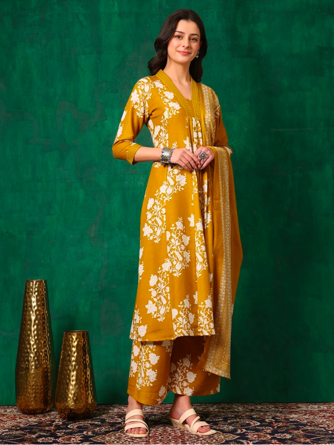 Embroidered & Printed Flared kurta with pant & Dupatta