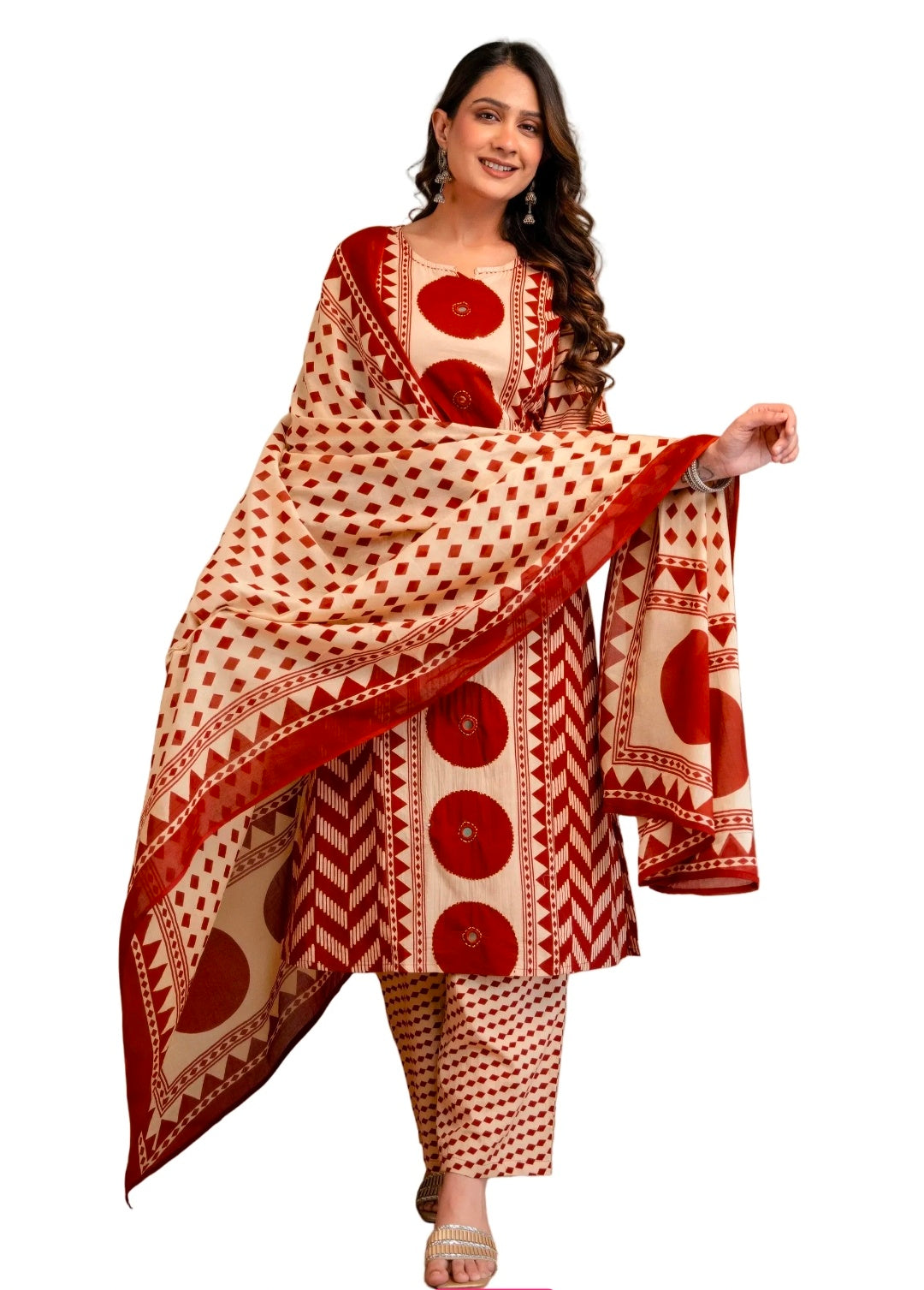 Berrylicious Women Cotton Geometric Printed Straight Kurta Set with Mirror Embroidery & Dupatta