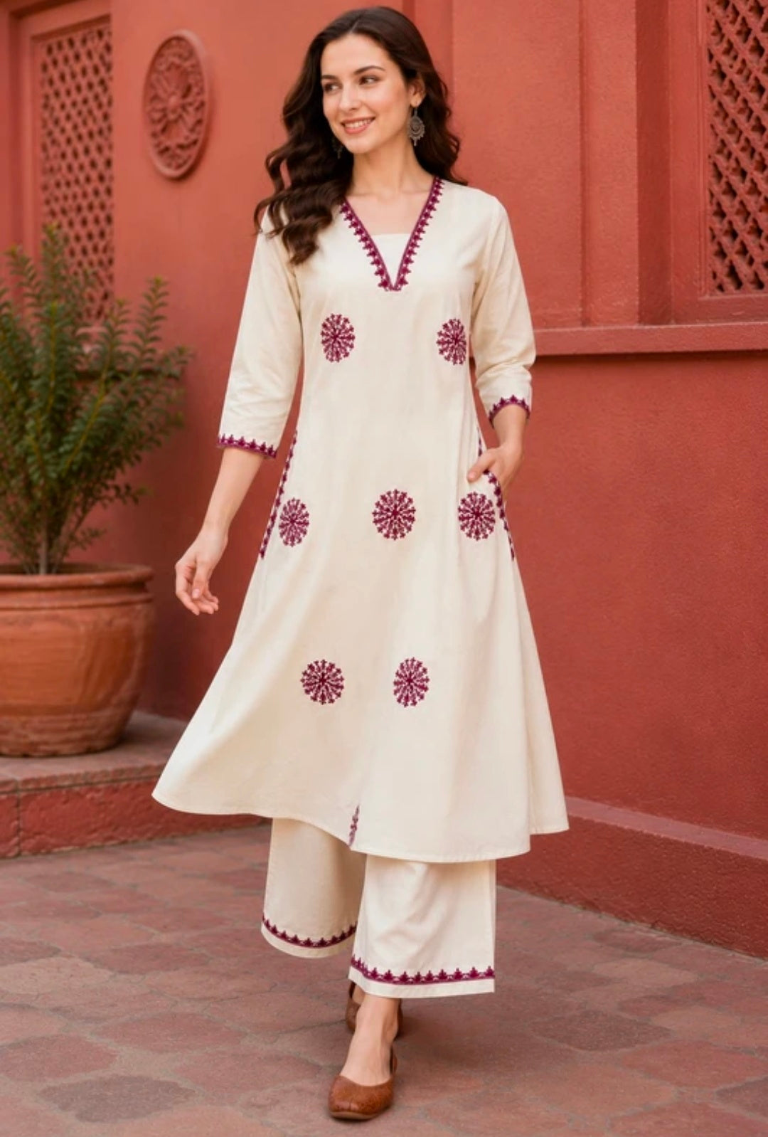 Women's Pure Cotton A-Line Kurta Palazzo Pant Set | Embroidered Ethnic Motifs Style