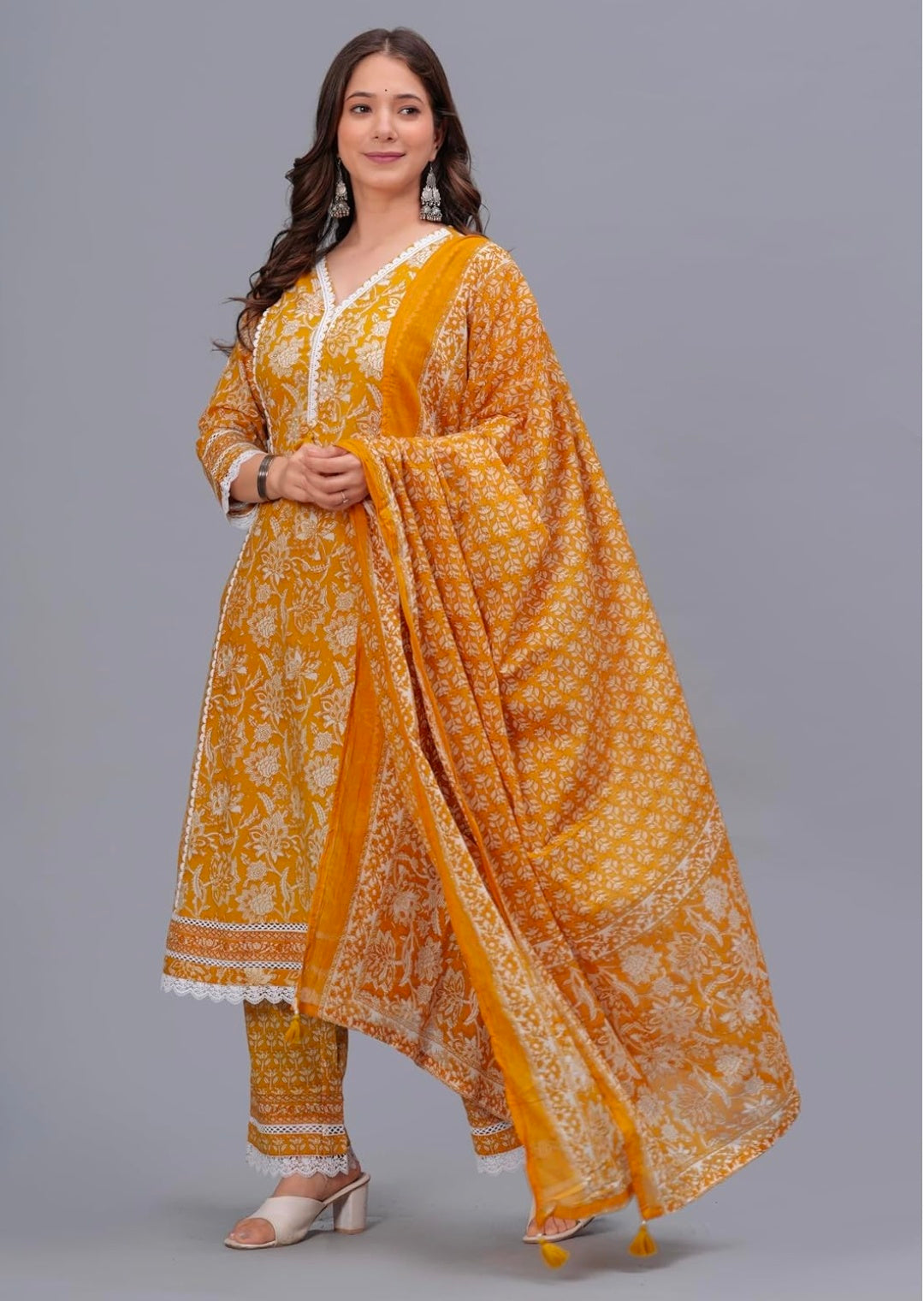 Amayra Women's Pure Cotton Printed Straight Kurta Set with Palazzo Pants & Dupatta- Ethnic Wear