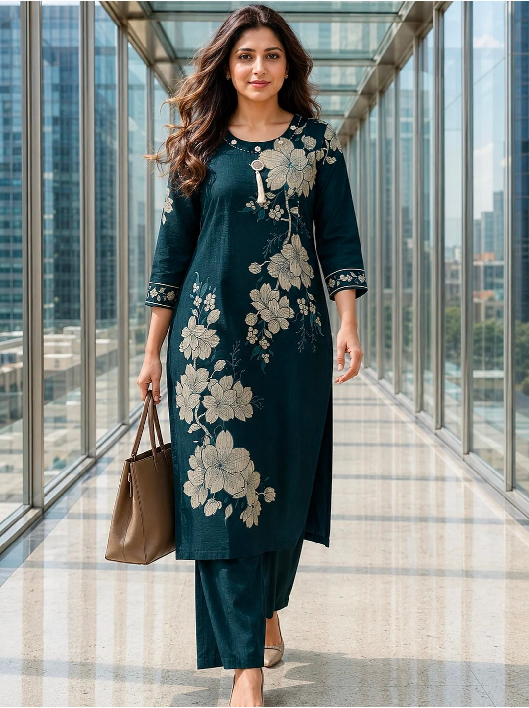 Berrylicious Women Chanderi Printed & Mirror Embellished Kurta with palazzo
