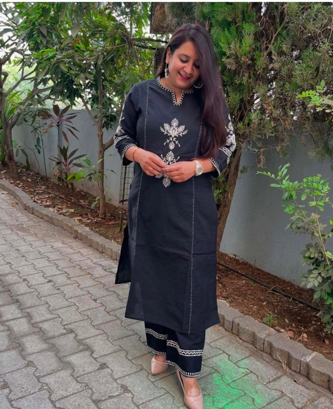 Women's White Khadi Cotton A-Line Kurti Palazzo set