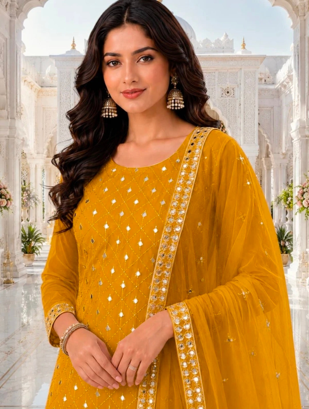 Women's Georgette A-line Kurta Sharara & Dupatta Set | Embroidered Sequenced Mirror Work