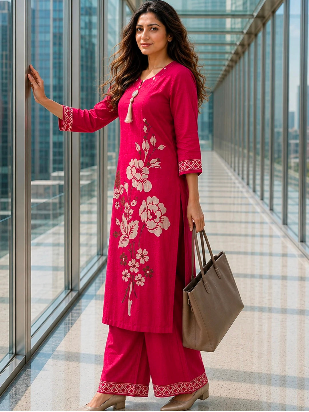 Berrylicious Women Chanderi Printed & Mirror Embellished Kurta with palazzo
