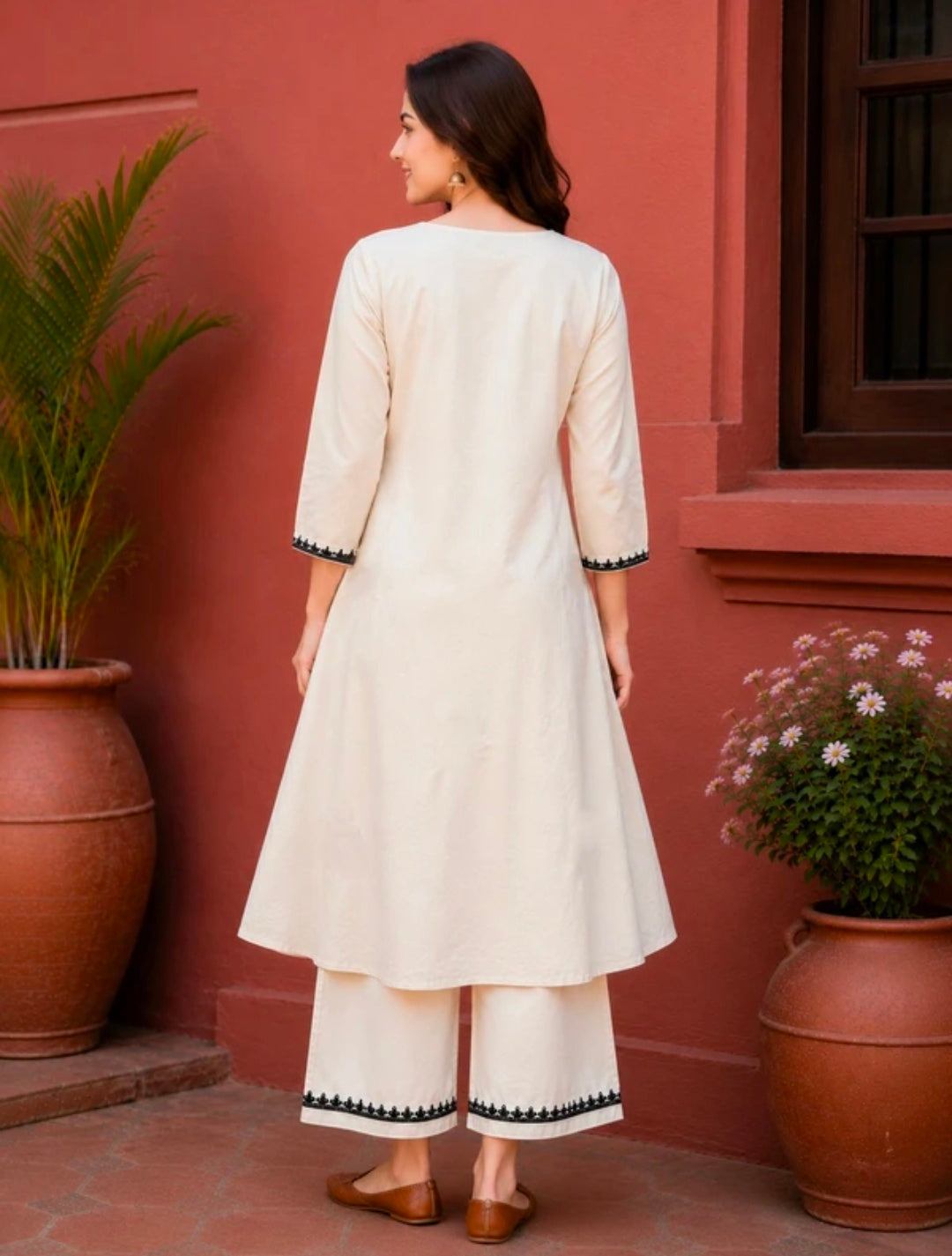 Women's Pure Cotton A-Line Kurta Palazzo Pant Set | Embroidered Ethnic Motifs Style
