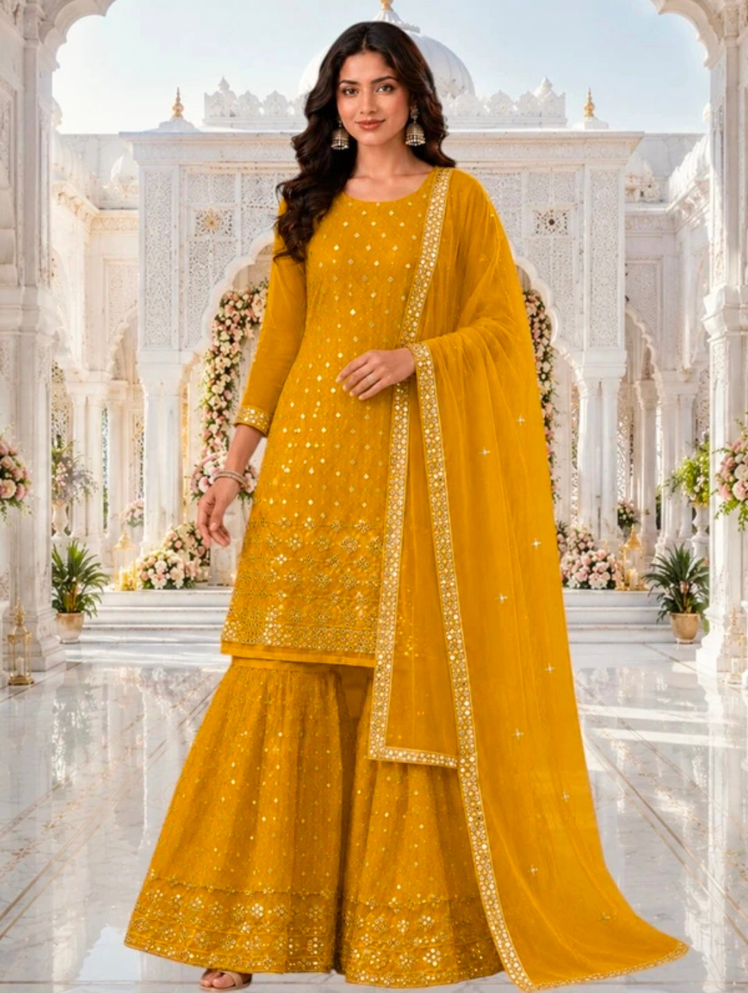 Women's Georgette A-line Kurta Sharara & Dupatta Set | Embroidered Sequenced Mirror Work