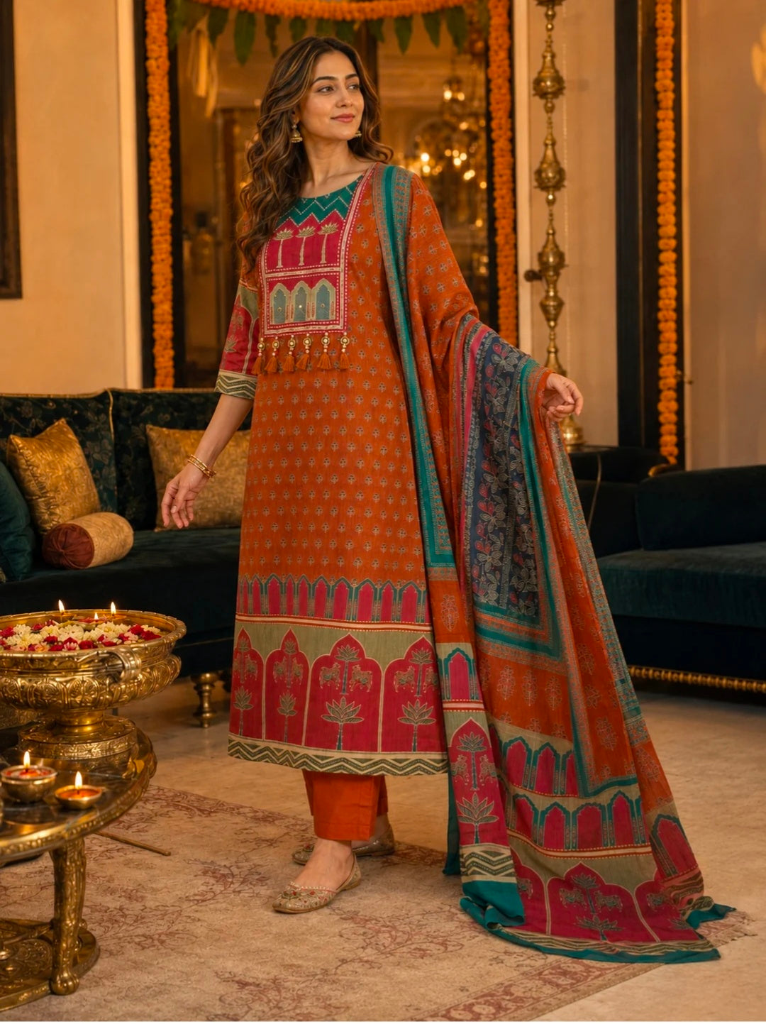 Berrylicious Women Cotton Printed & Bead Embroidered Kurta With Pant & Dupatta