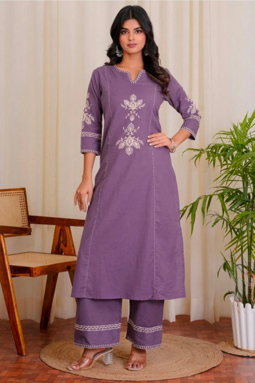 Women's White Khadi Cotton A-Line Kurti Palazzo set