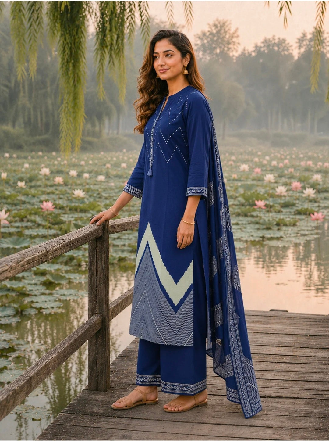 Berrylicious Women Pure Cotton  Printed & Hand Embroidered Kurta with palazzo & Dupatta