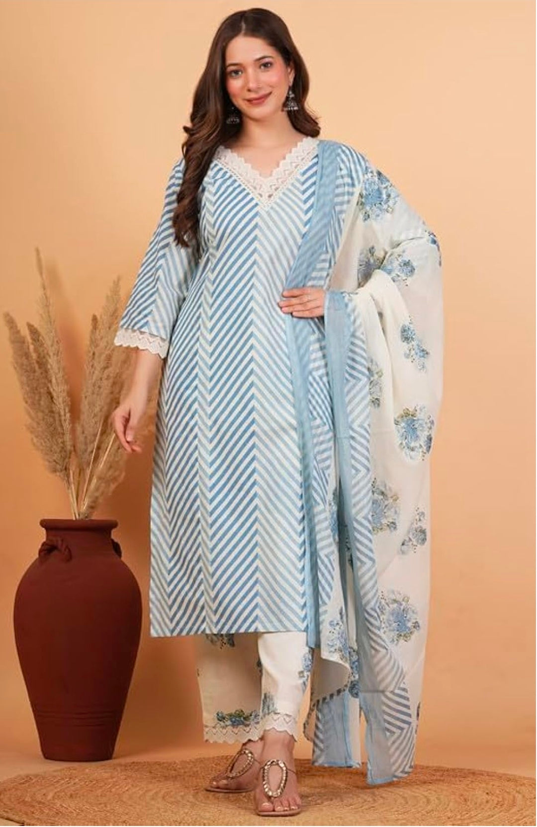 Rytras Women Pure Cotton Printed Straight Kurta Set with Palazzo pants & dupatta|Ethnic wear|Kurti Suit Set for Women