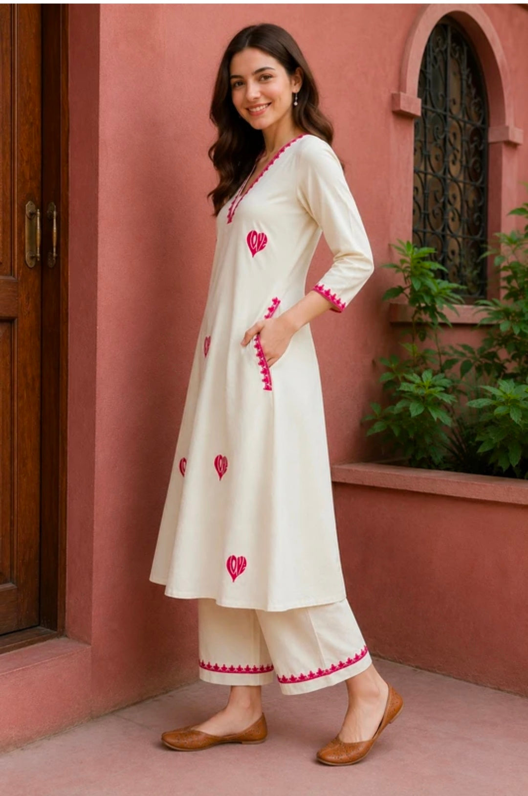 Women's Pure Cotton A-Line Kurta Palazzo Pant Set | Embroidered Ethnic Motifs Style