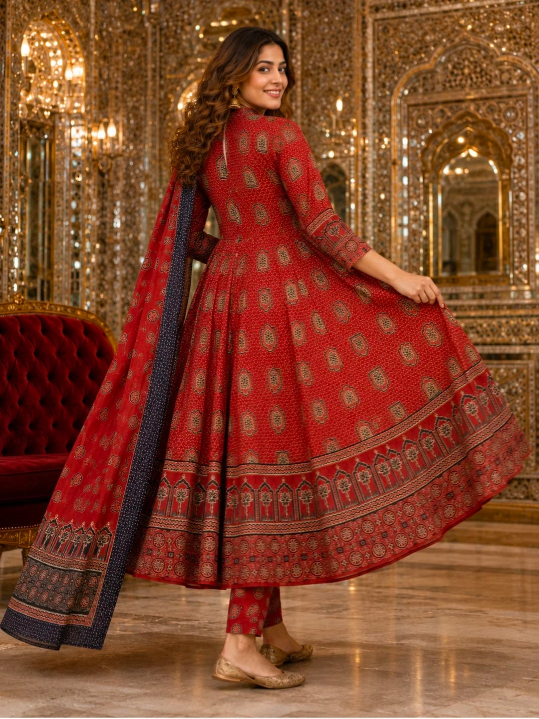 Berrylicious Women Motifs Printed Cotton Angrakha Anarkali Flared Kurta with Pant & Dupatta