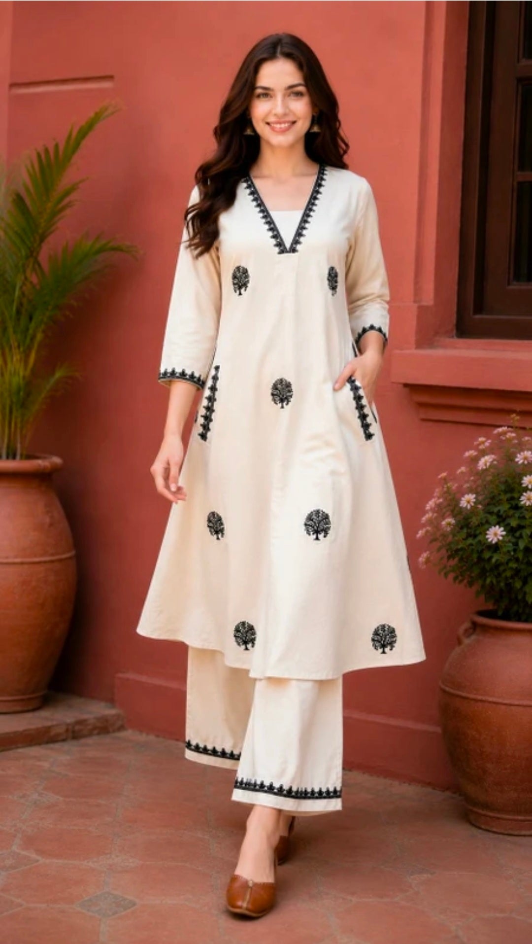 Women's Pure Cotton A-Line Kurta Palazzo Pant Set | Embroidered Ethnic Motifs Style